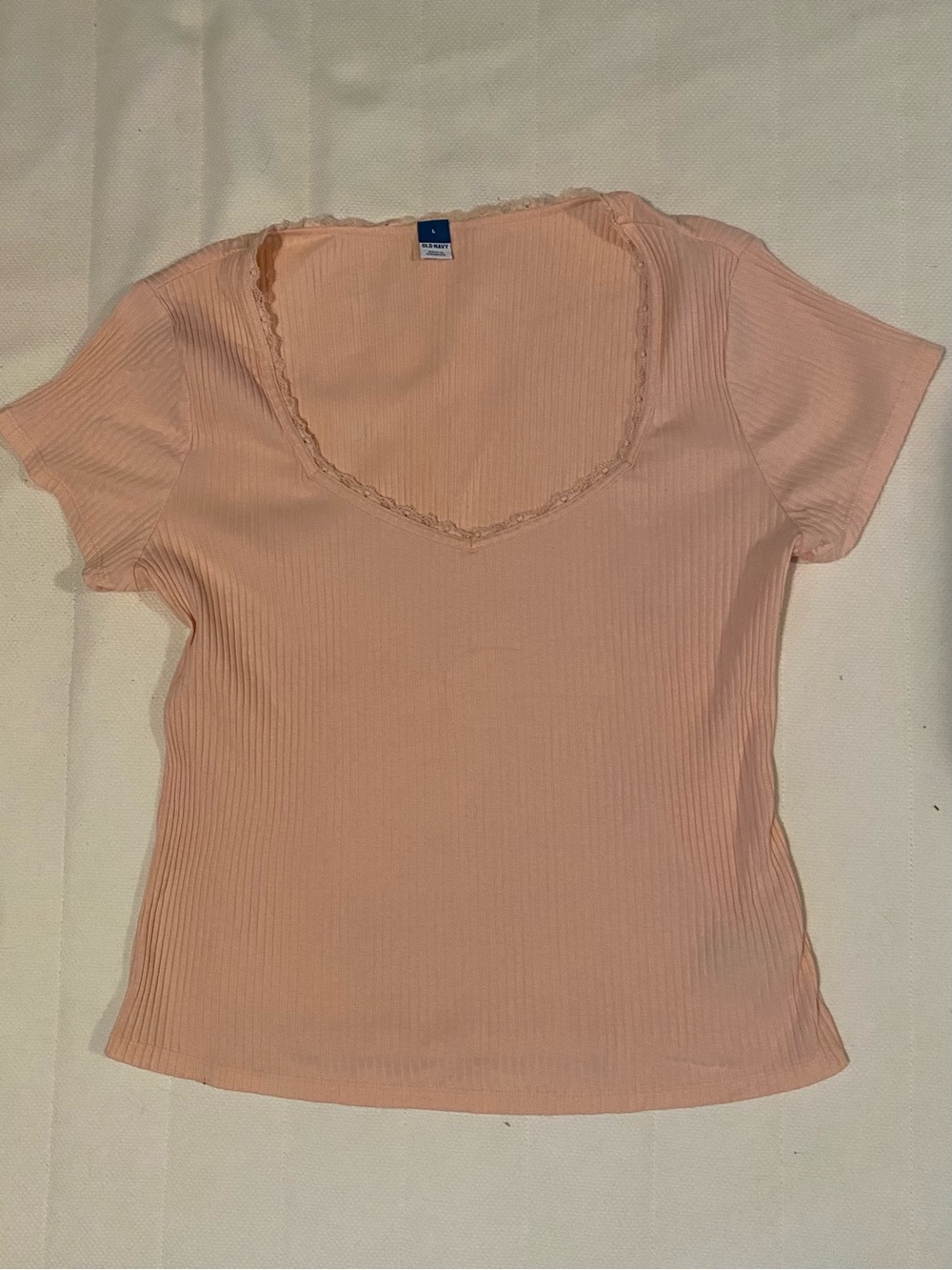 Lace Trim Sweetheart Neck Ribbed Short Sleeve Top - Peach